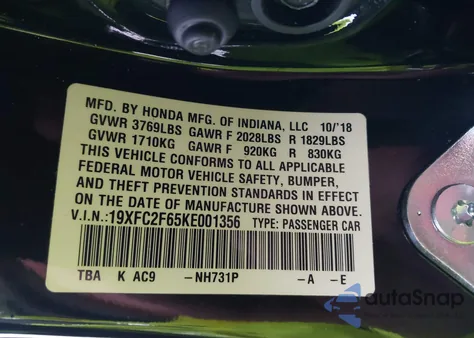 2019 Honda Civic Lx from USA, damaged, VIN 19XFC2F65KE001356